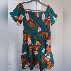 SHEIN Teal Dress with Orange and White Floral Design